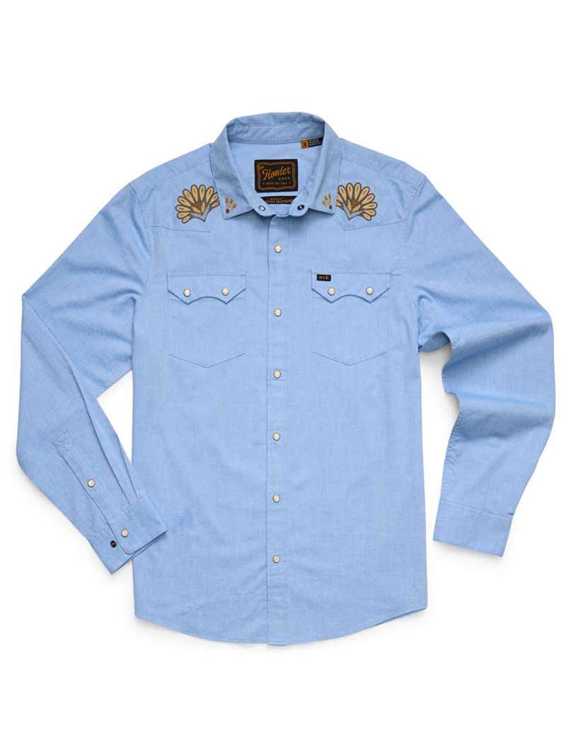 Howler Brothers Crosscut Deluxe Snapshirt- Fanned Flora on Faded Blue Oxford