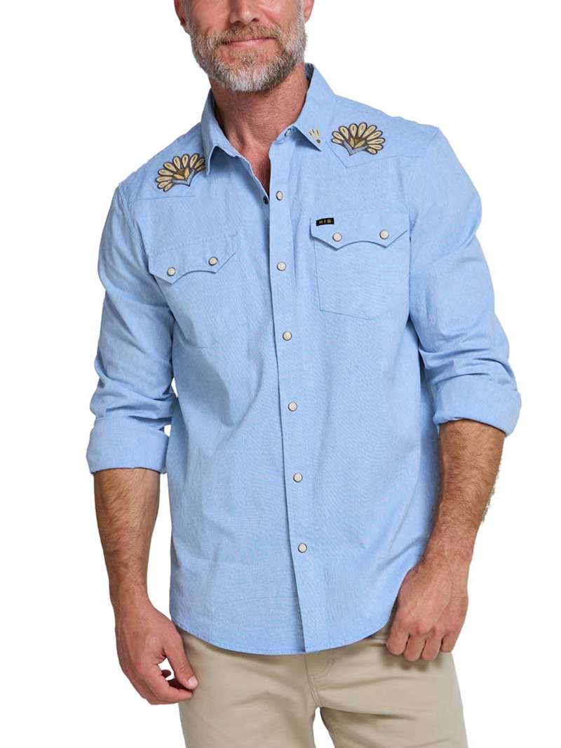 Howler Brothers Crosscut Deluxe Snapshirt- Fanned Flora on Faded Blue Oxford