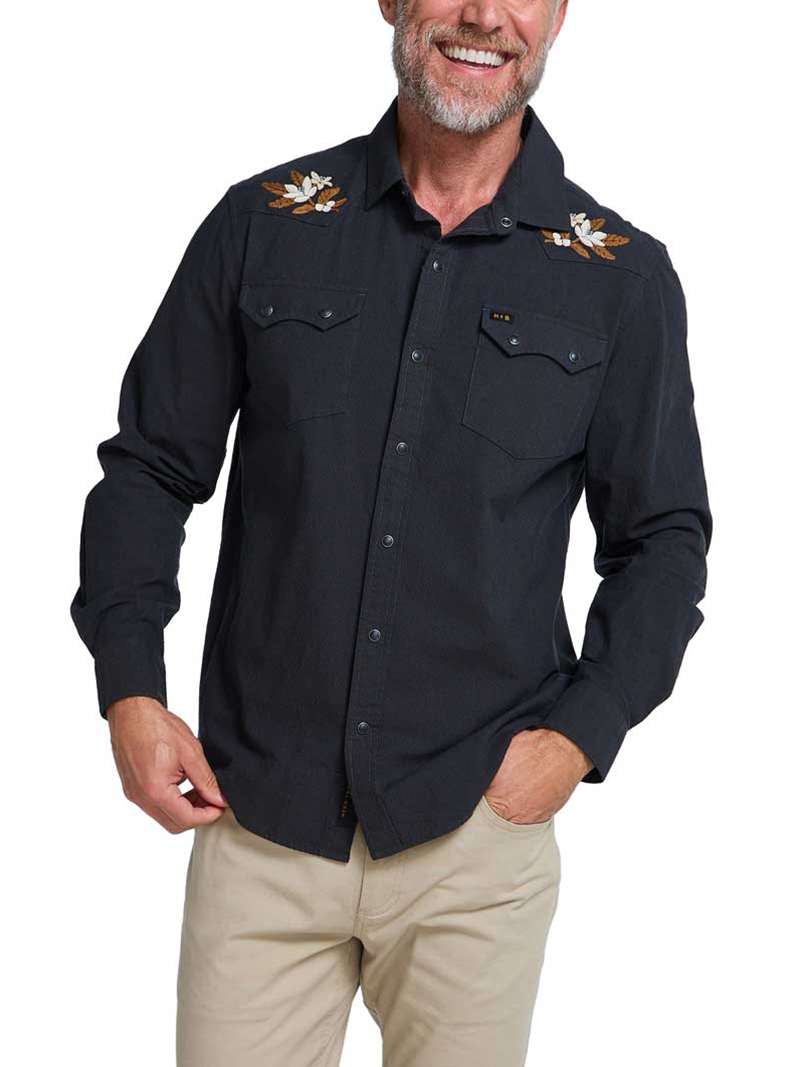 Howler Brothers Crosscut Deluxe Snapshirt- Orange Blossoms on Antique Black