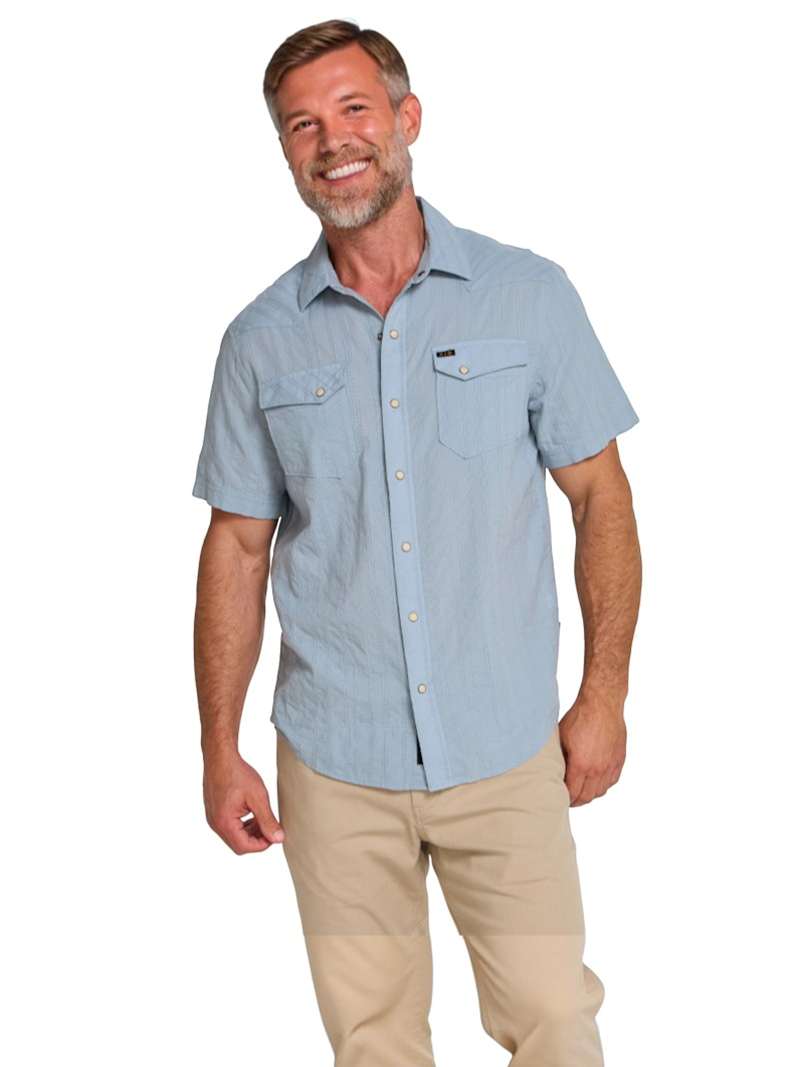 Howler Brothers H Bar B Snapshirt in Eyelet Stripe/Sky Blue