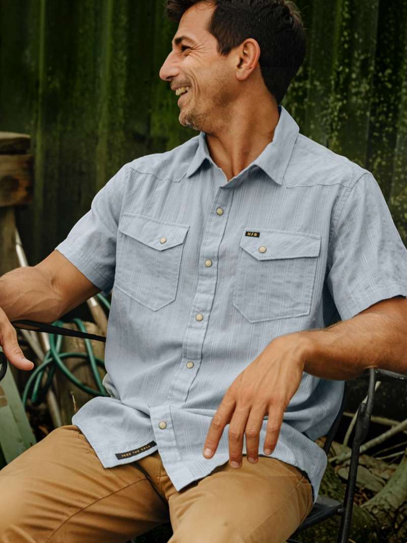 Howler Brothers H Bar B Snapshirt in Eyelet Stripe/Sky Blue
