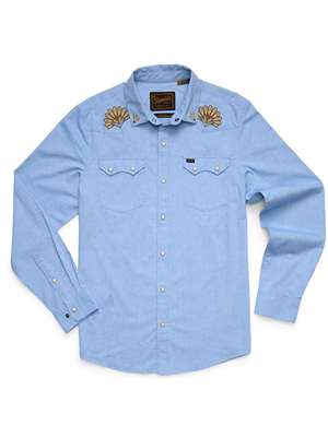 Howler Brothers Crosscut Deluxe Snapshirt- Fanned Flora on Faded Blue Oxford Howler Brothers Apparel at Mad River Outfitters